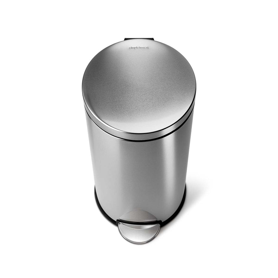 Top view of Simplehuman 30L Round Step Can, Stainless Steel, hands-free operation via durable step pedal.