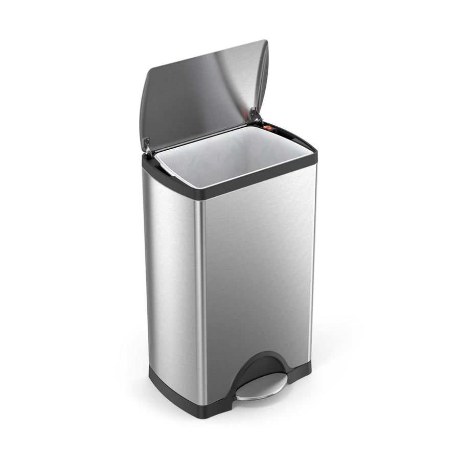 Front view of Simplehuman 38L Rectangular Step Can, Brushed Stainless Steel, open lid shows interior liner.