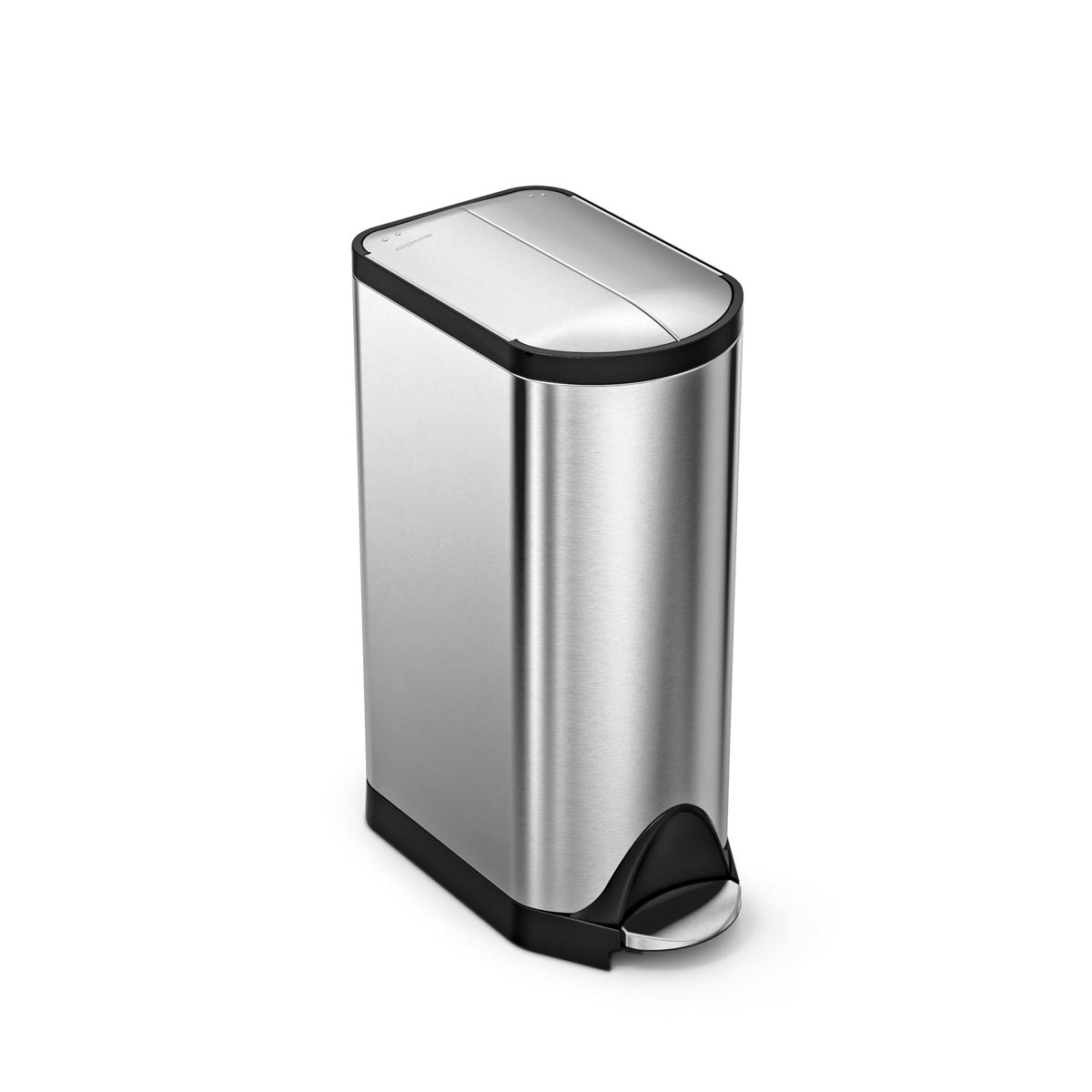 Angled view of Simplehuman Brushed Stainless Steel Butterfly Step Can, closed split lid, hands-free operation.