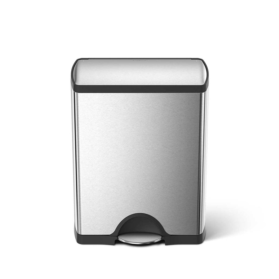 Simplehuman 46L Dual Compartment Rectangular Step Can in Brushed Stainless Steel with hands-free foot pedal.