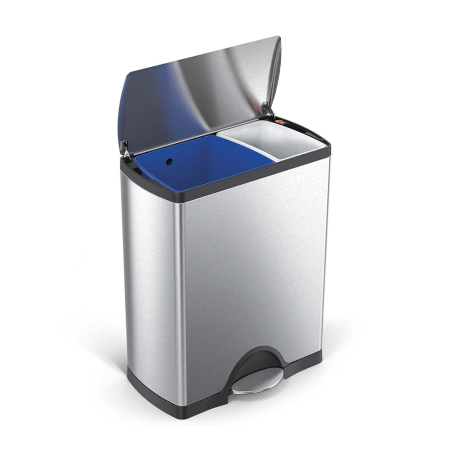 View of Simplehuman 46L Step Can open, Brushed Stainless Steel, dual removable liners for trash and recycling.