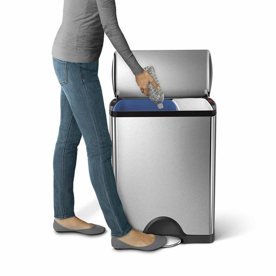 Simplehuman 46L Dual Step Can in Brushed SS, hands-free operation used for recycling.