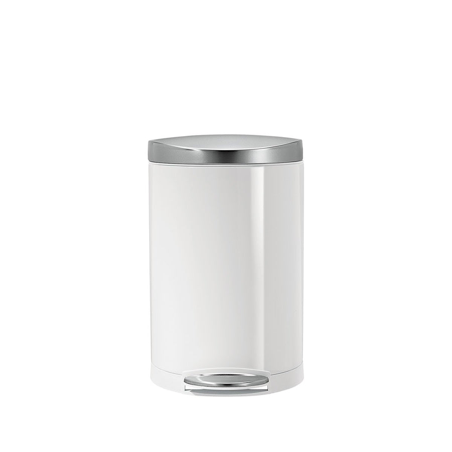 Front view of Simplehuman 10L Step Can, White with Polished Stainless Steel lid, hands-free foot pedal.
