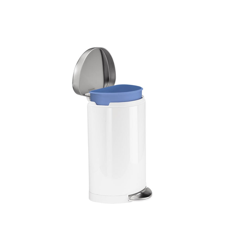 Angled view of Simplehuman 10L Step Can, White, lid open showing removable blue inner bucket.