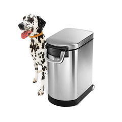 medium pet food can - brushed finish - 3/4 view with dog