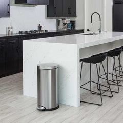 35L round step can - brushed finish - lifestyle in kitchen next to island