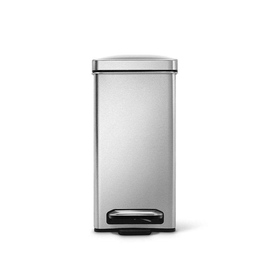 Front view of Simplehuman 10L Profile Step Can in Brushed Stainless Steel with hands-free foot pedal.