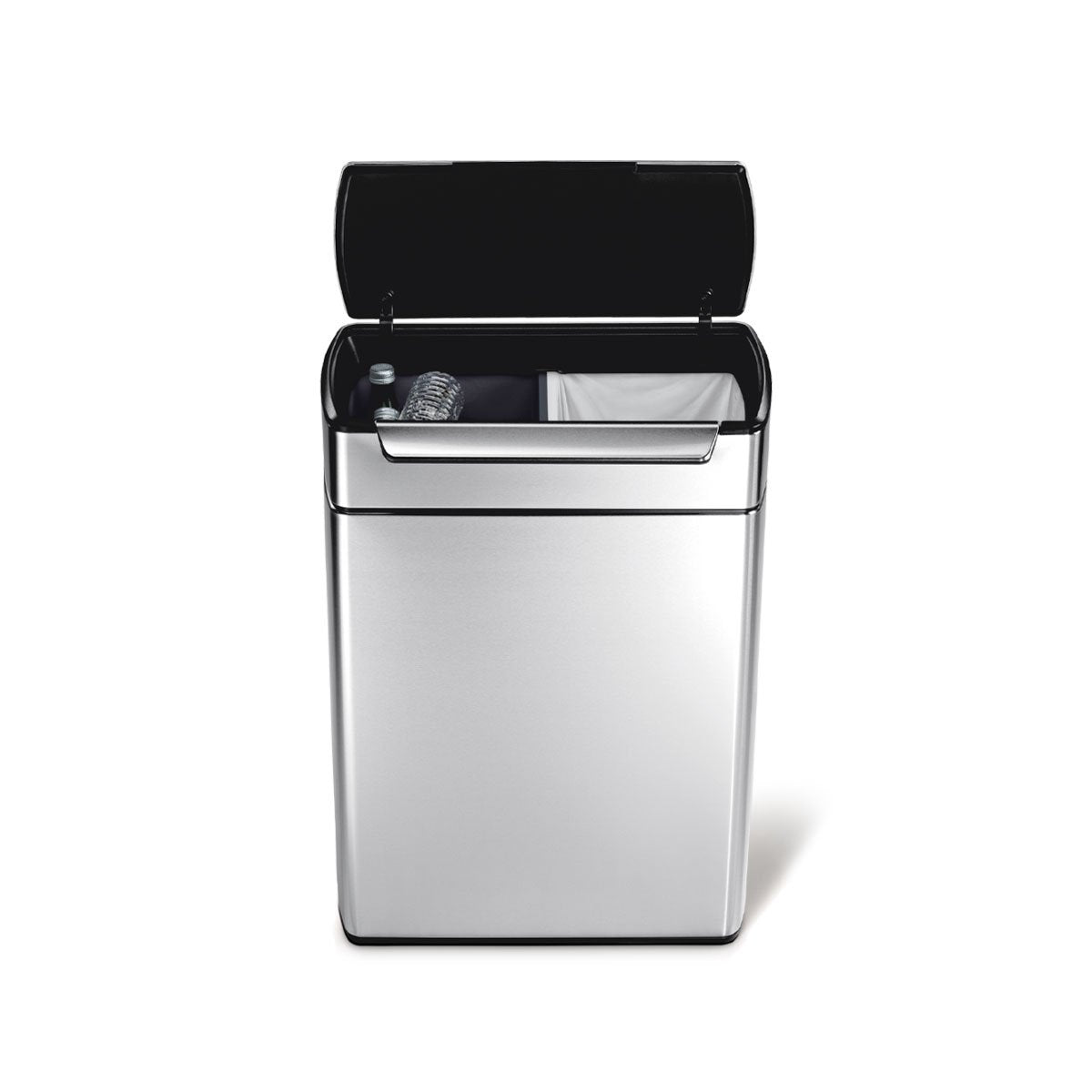 Simplehuman Brushed Stainless Steel Touch-Bar Can, open view showing dual compartment interior for recycling.