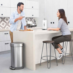 45L semi-round step can with liner rim - brushed finish - lifestyle man and woman in kitchen