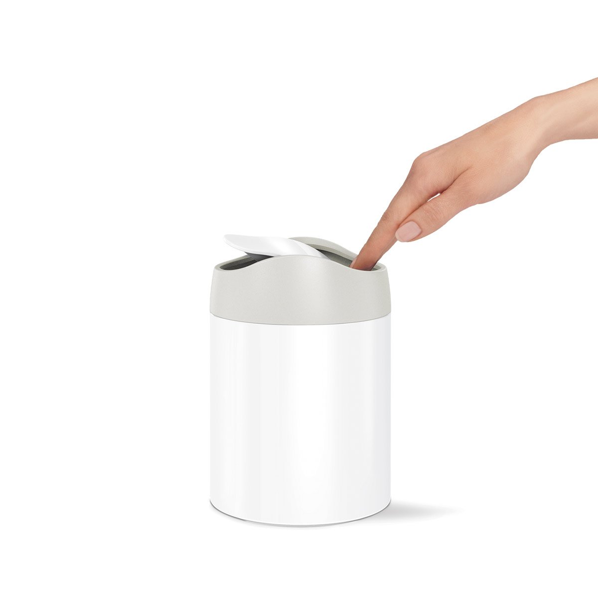 mini can - white stainless steel w/ grey trim - lifestyle hand image