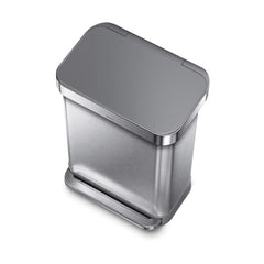 55L rectangular step can with liner pocket - brushed finish with plastic lid - 3/4 top view down image