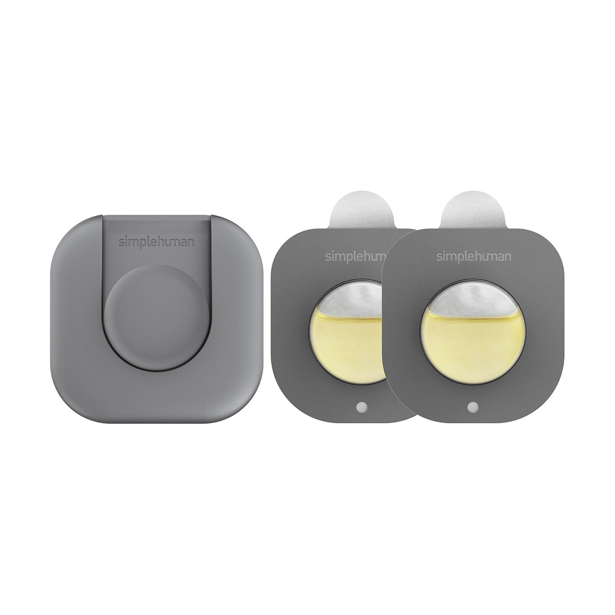 Front view of Simplehuman Odorsorb system with reusable grey holder and two liquid refill cartridges.