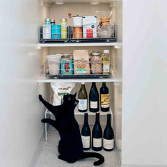 14 inch pull-out cabinet organizer - lifestyle in cabinet with cat