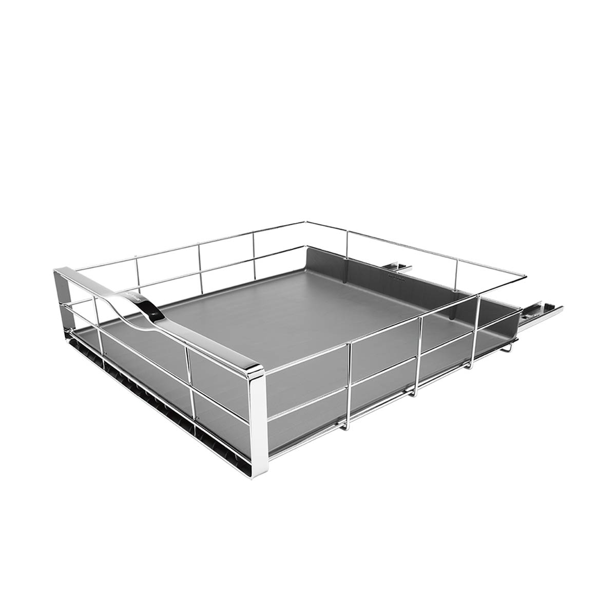 Angled view of Simplehuman Cabinet Organizer pull-out drawer, Polished Stainless Steel, removable liner.